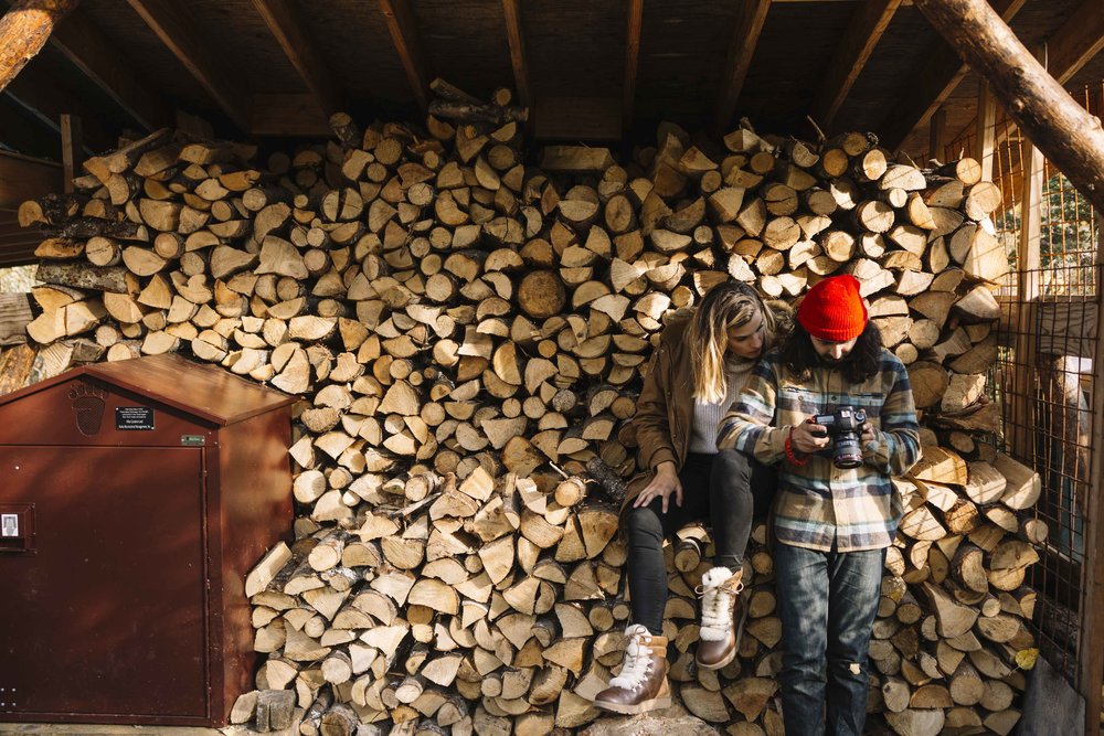 couple sitting on log pile looking at photos