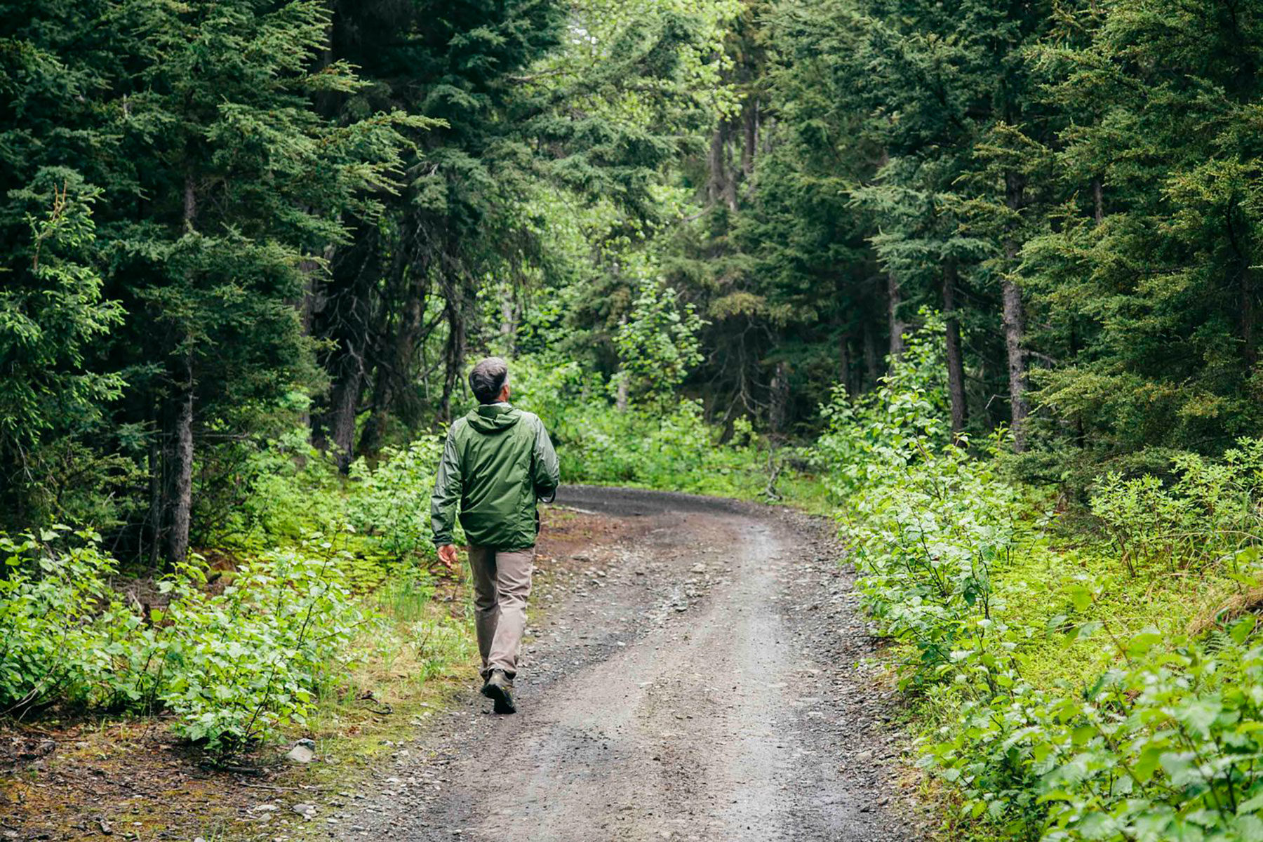 Man walking down a gravel road in thick forest